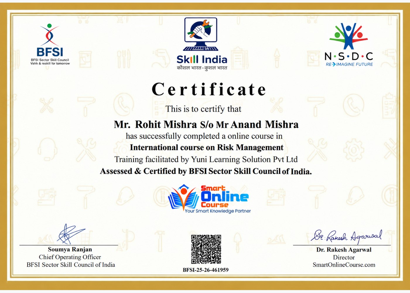 Sample certificate issued by the BFSI Sector Skill Council of India with Skill India and NSDC
