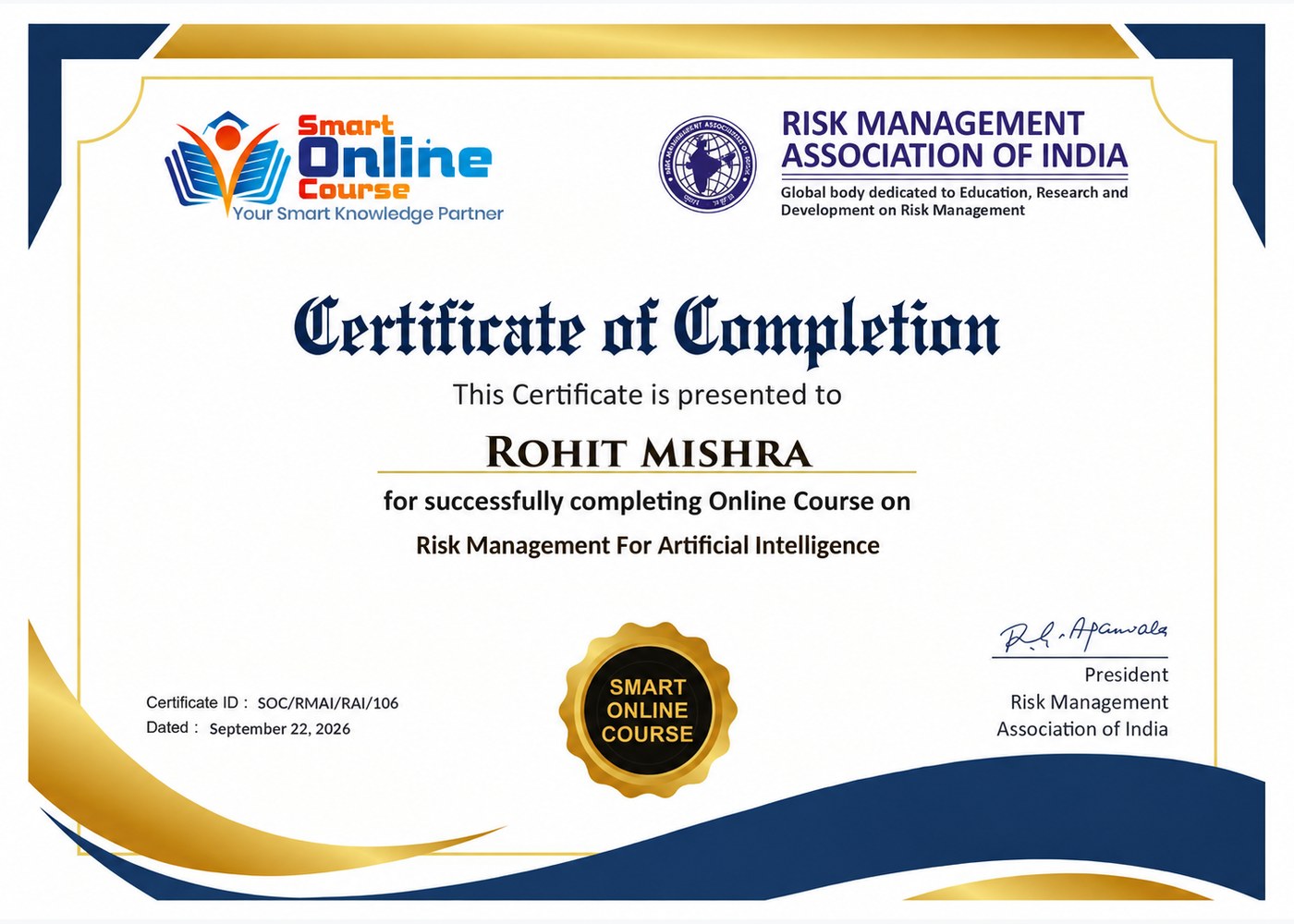 Sample Certificate of Completion from Smart Online Course and the Risk Management Association of India
